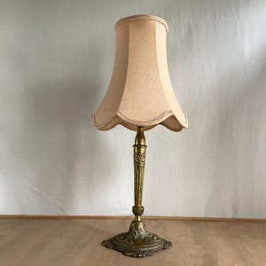 Vintage Table Lamp, Ornate Brass Stand, Pink Silk Brocade Lamp Shade, Circa 1960s