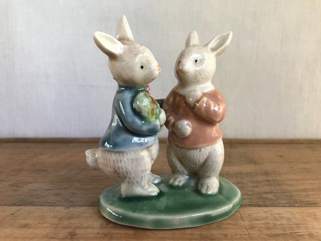 Vintage Porcelain Rabbit Figurine Two Rabbits Talking Rabbit Etsy