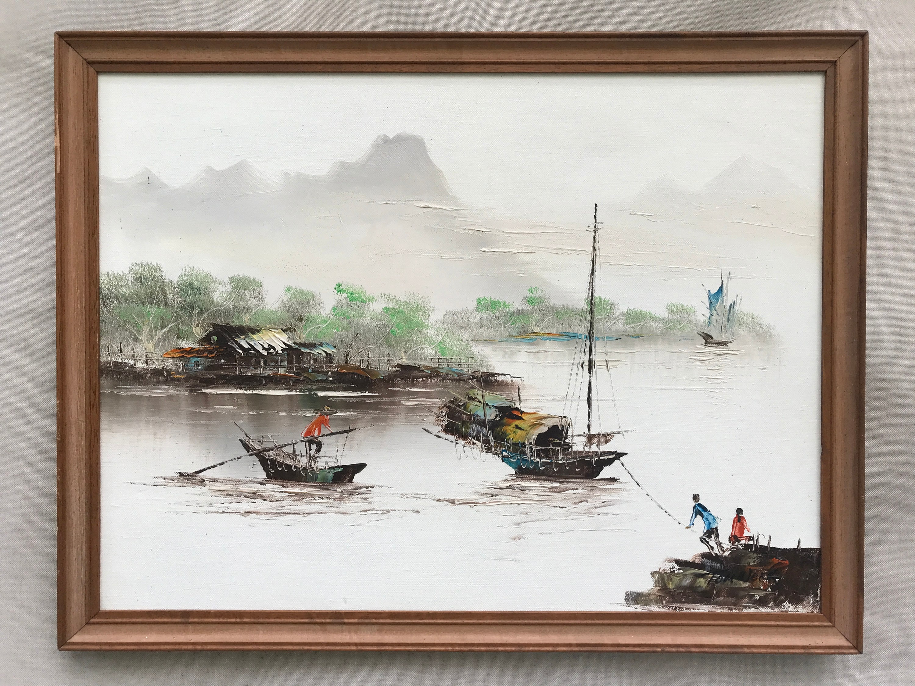 Vintage Framed Painting of Chinese Junk Boats, Oil on Canvas Board