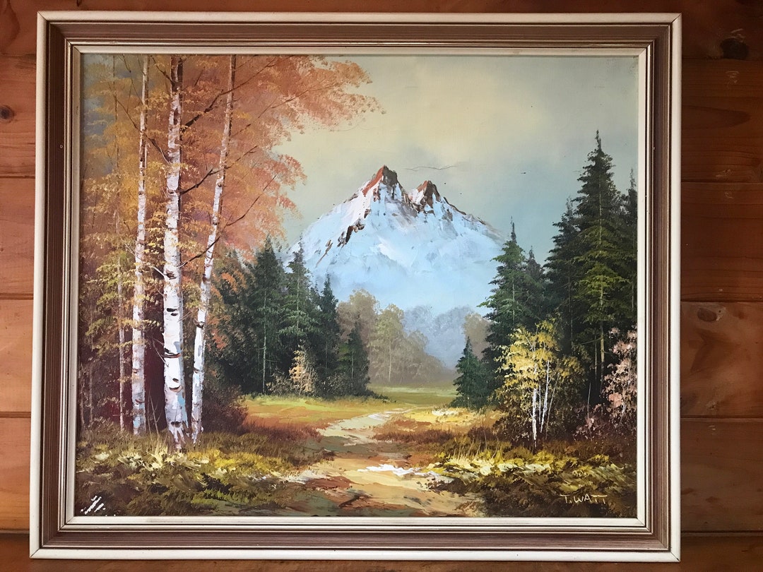 Vintage Framed Landscape Painting, Mountains and Trees, European Landcape, Oil on Canvas