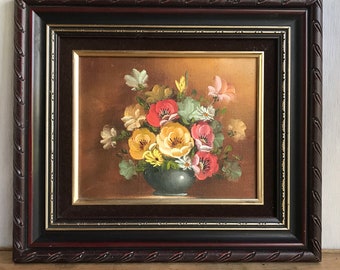 Small Vintage Floral Oil Painting, Flowers in a Vase, Ornate Wooden Frame, Floral Painting, Romantic Decor, Provincial Decor, Circa 1970s
