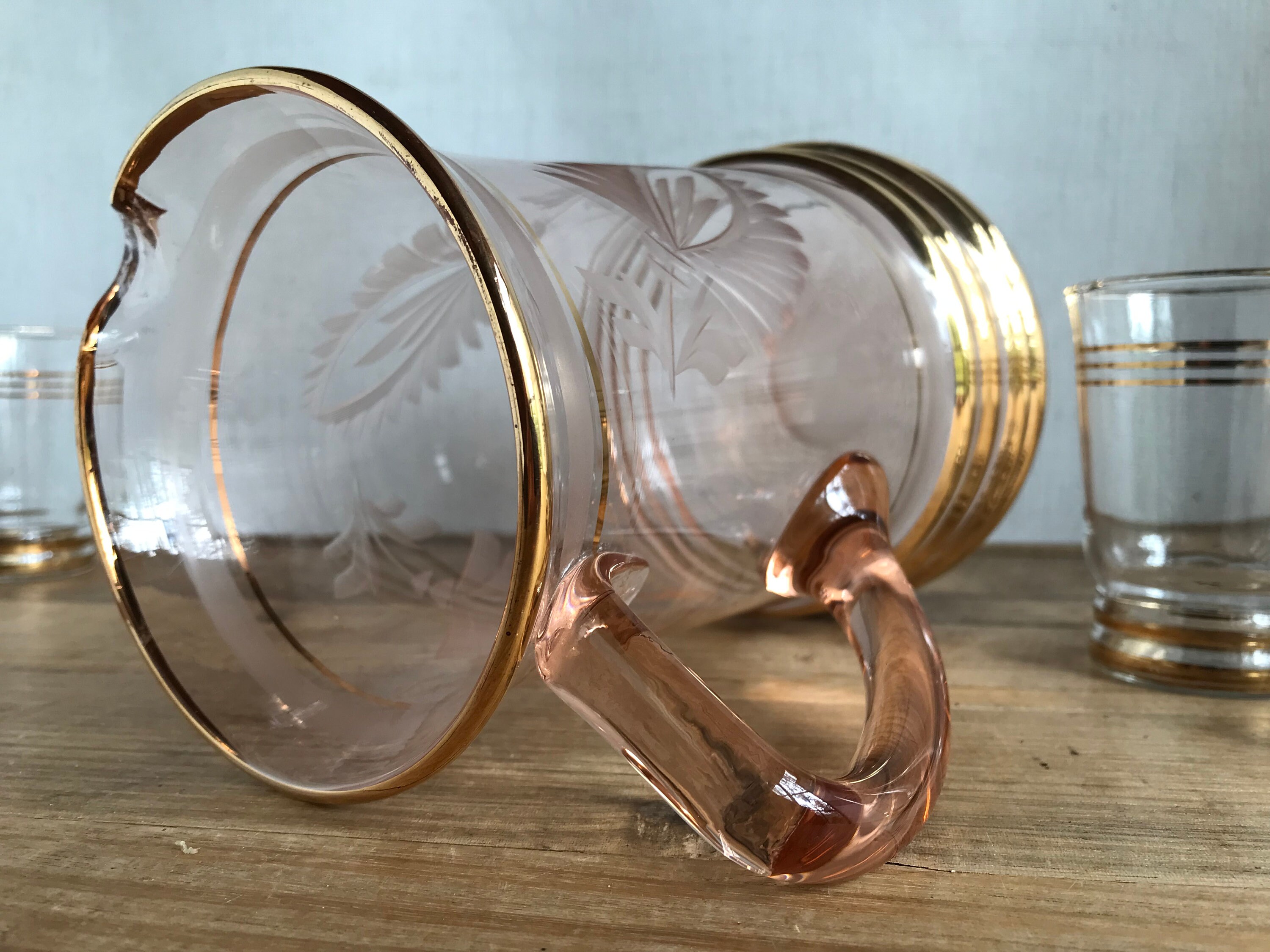 Vintage Etched Glass Jug and Glasses Set Gold Banded Jug and Etsy