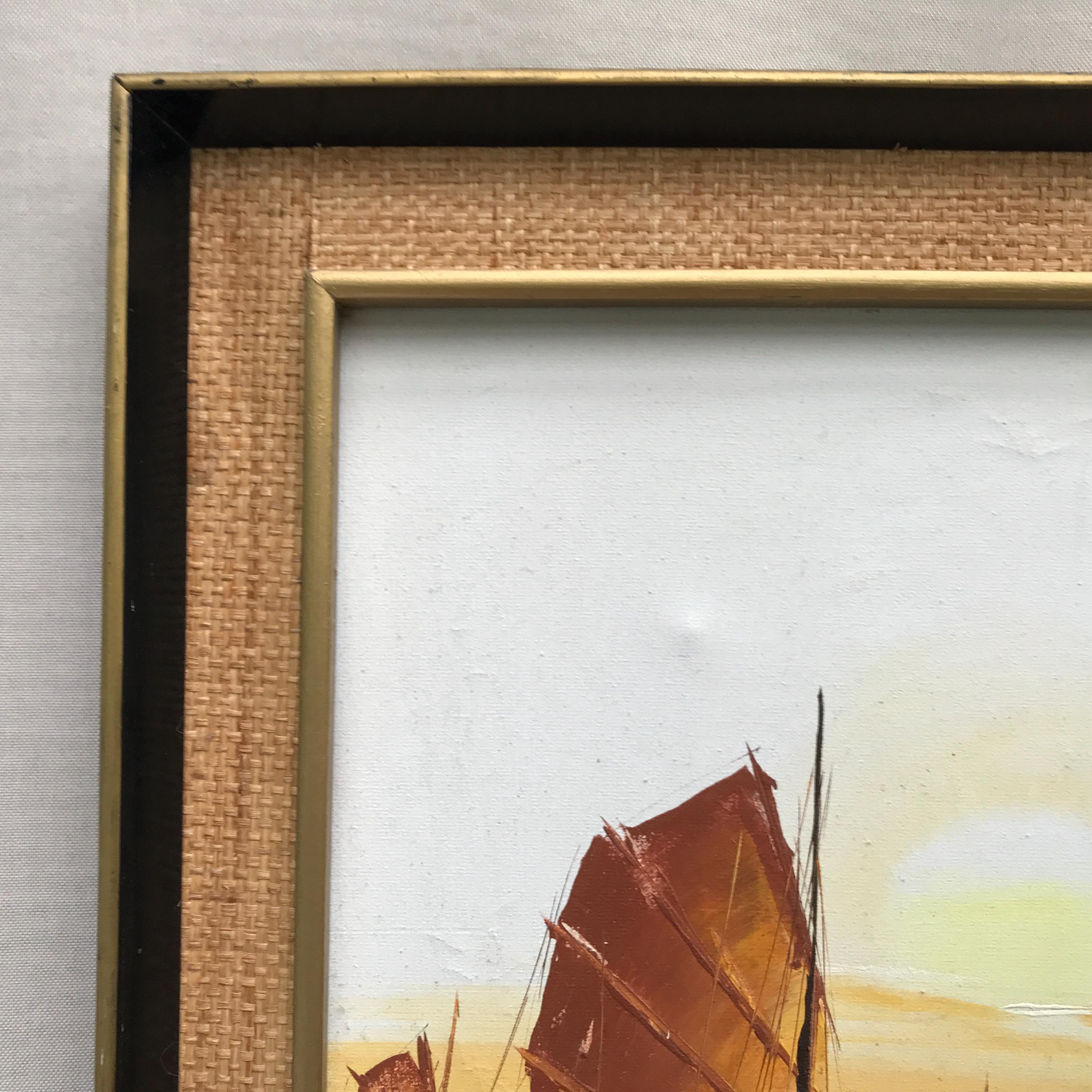 Large Vintage Framed Oil Painting, Chinese Junk Boats, Hong Kong