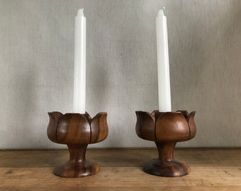 Pair of Vintage Lotus Shaped Wooden Candle Holders,Monkey Pod Wood Flower Shaped Candle Holders,Tropical Decor,Dining Table,Circa 1980s