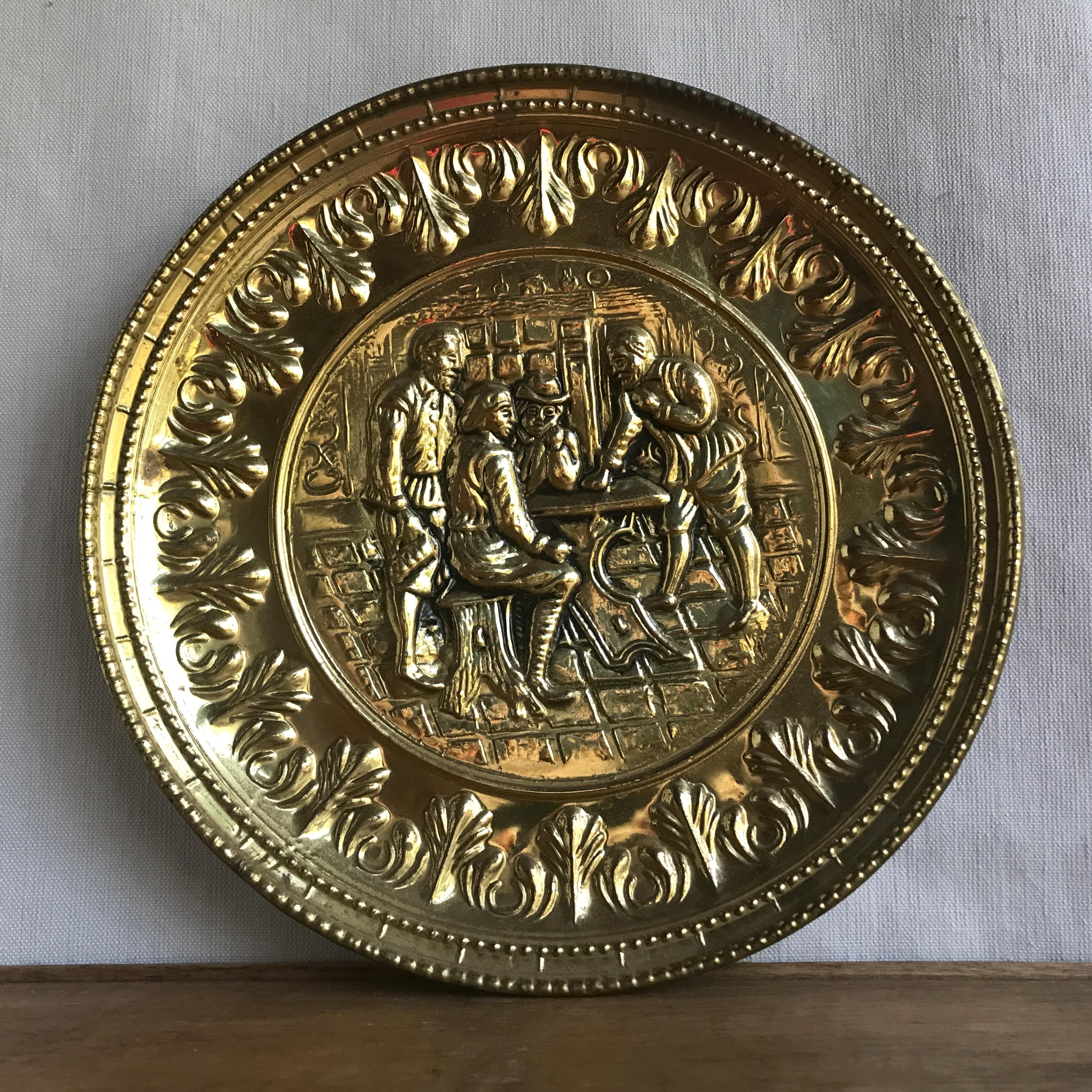 Vintage Decorative Brass Wall Plate, Embossed Brass Hanging Plate
