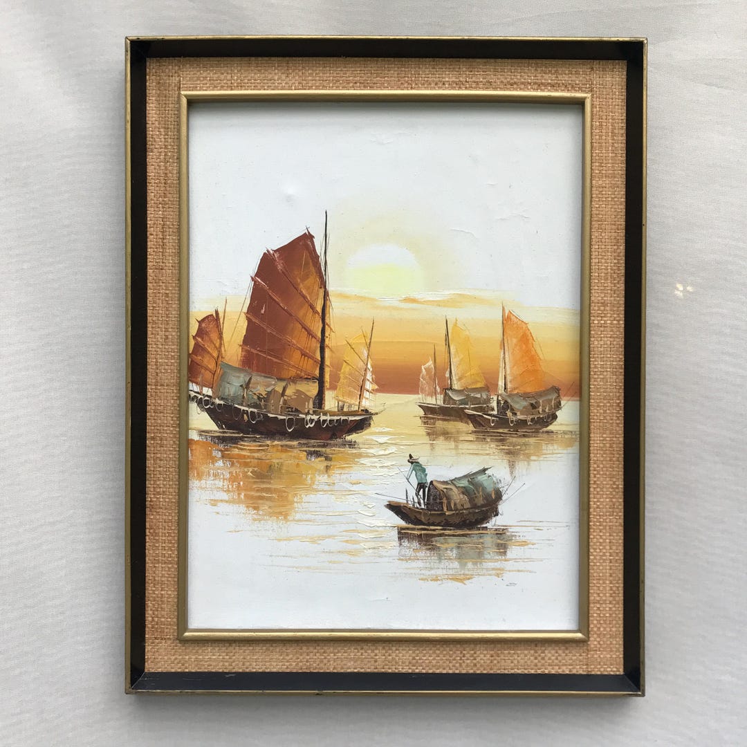 Large Vintage Framed Oil Painting, Chinese Junk Boats, Hong Kong
