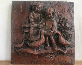 Vintage Resin Wall Plaque, Children Feeding Geese, Moulded Resin, Decorative Plaque, Rustic Wall Decor, Wall Hanging, Farmhouse, Circa 1960s