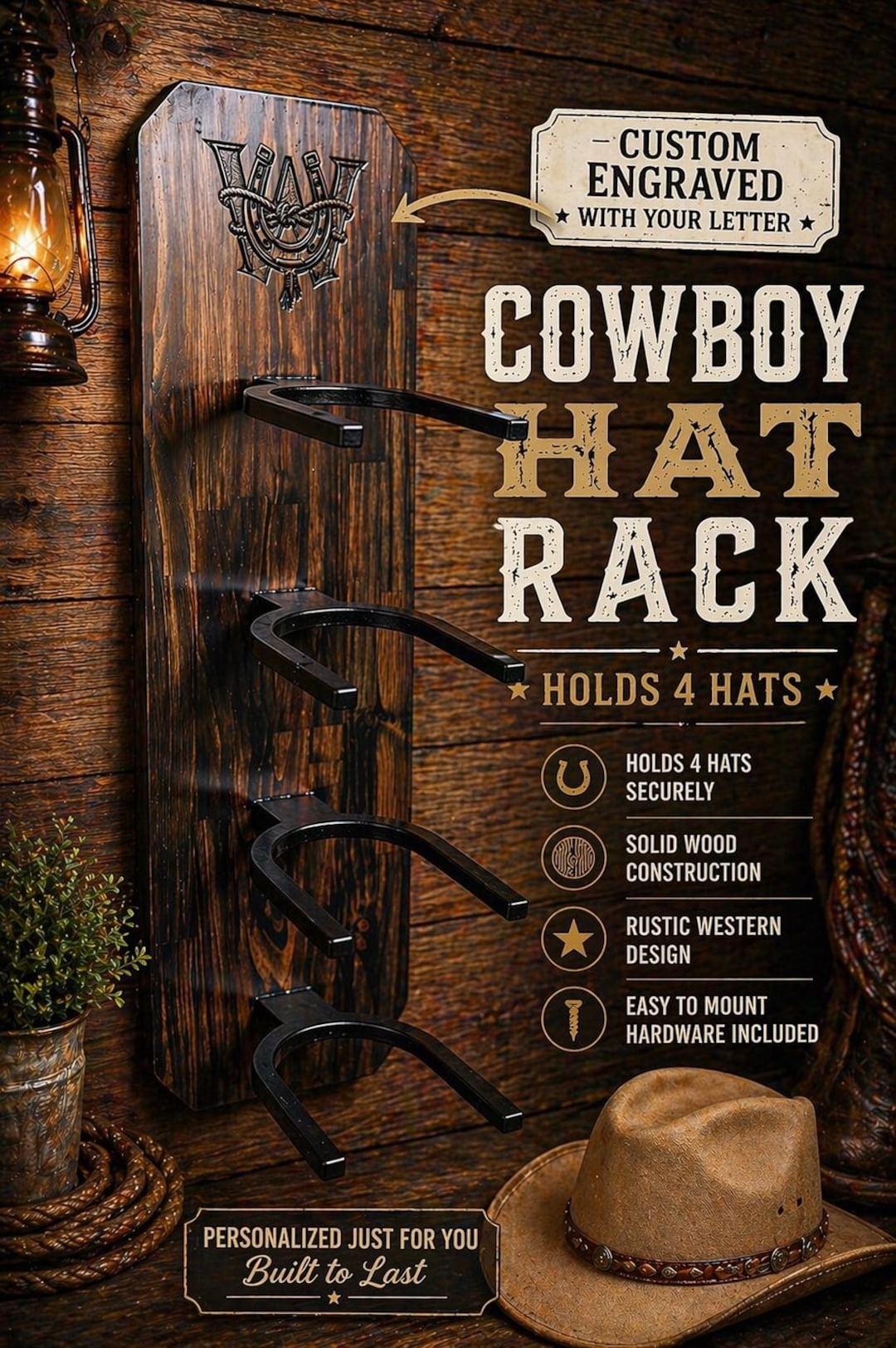 Custom Engraved Cowboy Hat Rack | Solid Wood Horseshoe Holder, Rustic ...