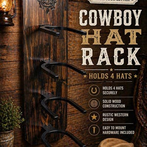 May include: A rustic wooden cowboy hat rack with a dark finish, designed to hold four hats. The rack features black metal horseshoe-shaped holders and is engraved with the text "COWBOY HAT RACK". The rack is personalized and built to last.