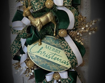 Merry christmas wreath, green velvet wreath, deer wreath, holiday wreath, christmas swag