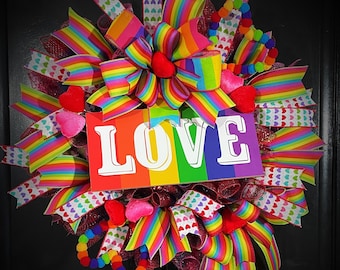 Valentines Wreath, LOVE wreath, Valentine Swag, Rainbow Heart Wreath, Rainbow LOVE wreath, Valentines door hanger, Valentines Swag