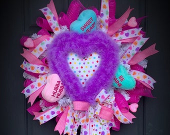 Valentine wreath, Valentine’s Day, heart wreath, conversation heart, Purple Heart, Valentine door hanger, Valentine’s Day wreath