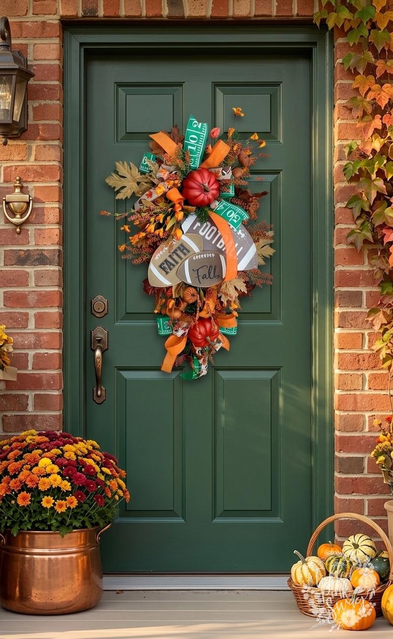May include: A teardrop-shaped autumn wreath featuring two red pumpkins, orange and green ribbons, faux fall leaves, and two football-shaped signs. One sign reads "FAITH" and the other reads "Fall" with a football graphic and the word "FOOTBALL".