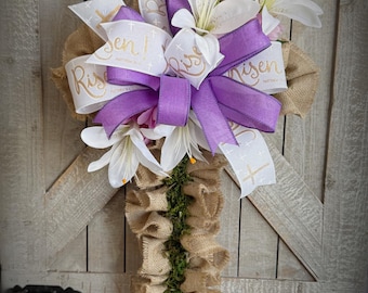 Cross Wreath, He is Risen wreath, Easter Cross wreath, Easter tulip cross, Religious wreath, Christian wreath, Cross Decor, Cross door hang