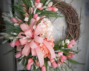 Spring Floral wreath, Summer floral wreath, Hydrangea wreath, tulip wreath, pink and orange wreath, peach wreath