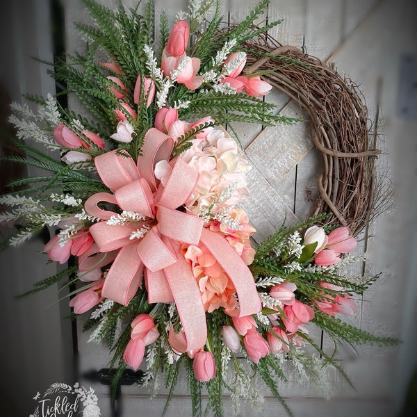 Spring Floral wreath, Summer floral wreath, Hydrangea wreath, tulip wreath, pink and orange wreath, peach wreath