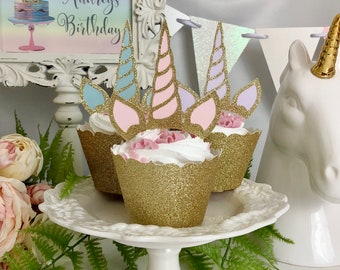 Adornos brillantes de unicornio para cupcakes, decoración para fiestas de cumpleaños