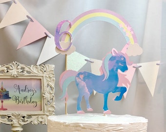 Adorno holográfico personalizado para tarta de unicornio: decoración arcoíris para fiesta de cumpleaños