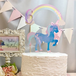 Personalized Holographic Unicorn Cake Topper: Rainbow Birthday Party Decor
