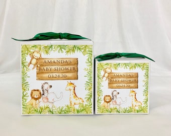 Cajas de regalo para baby shower con temática de safari y animales de la selva.