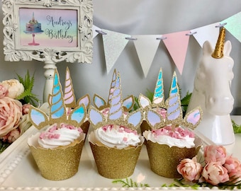 Adornos para cupcakes de unicornio, decoraciones para fiestas con purpurina e iridiscentes.