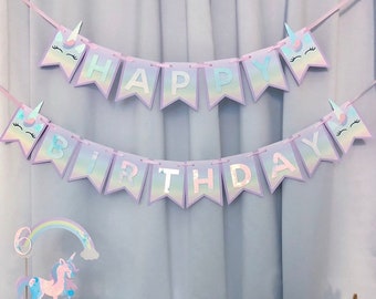 Pancarta de cumpleaños de unicornio holográfico, decoración iridiscente para fiestas