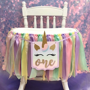 Unicorn First Birthday High Chair Banner, Pastel Ribbons