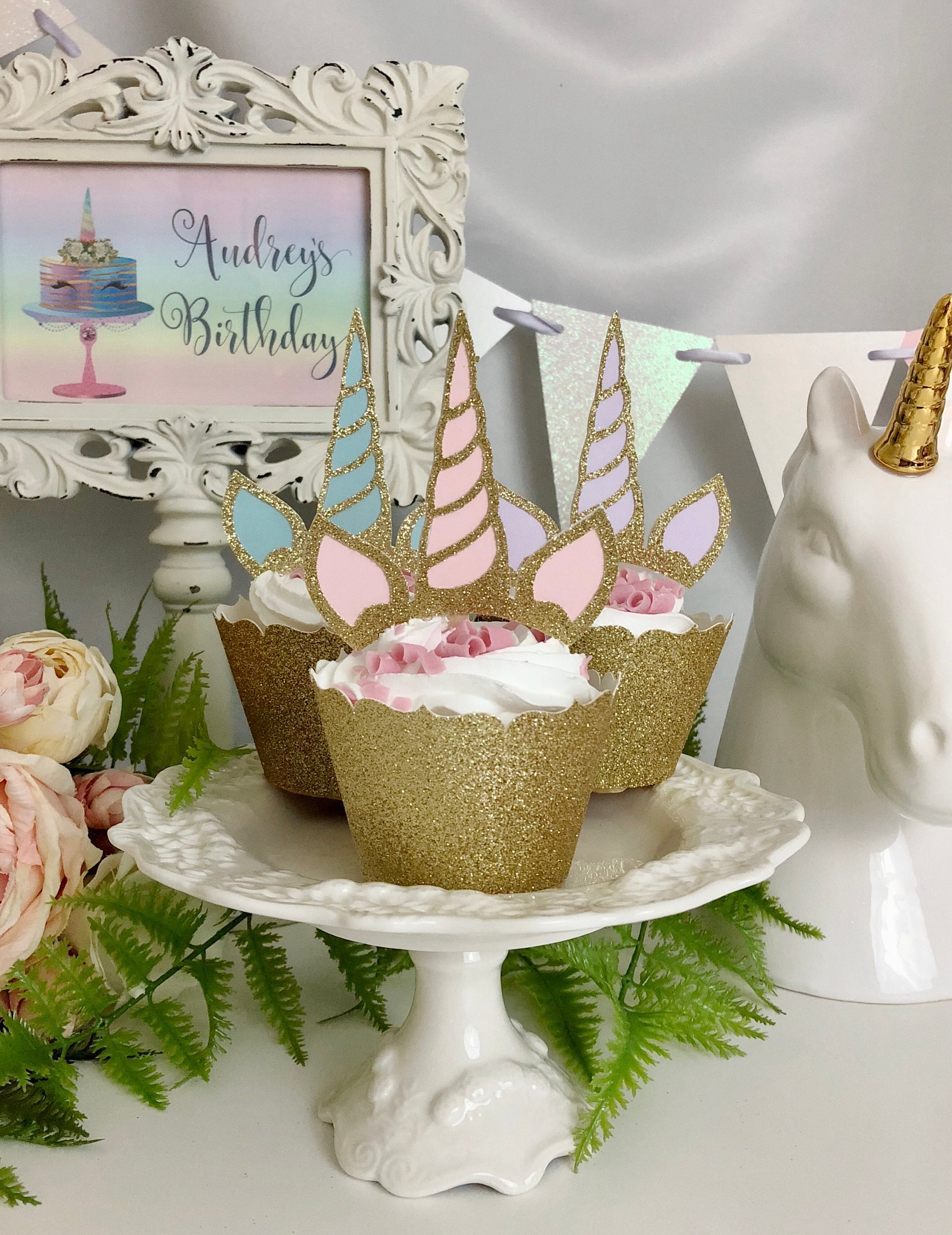 24 Mini Rainbow Unicorn Horn Flower Edible Cupcake Toppers – Uncut DIY Printed Sheet