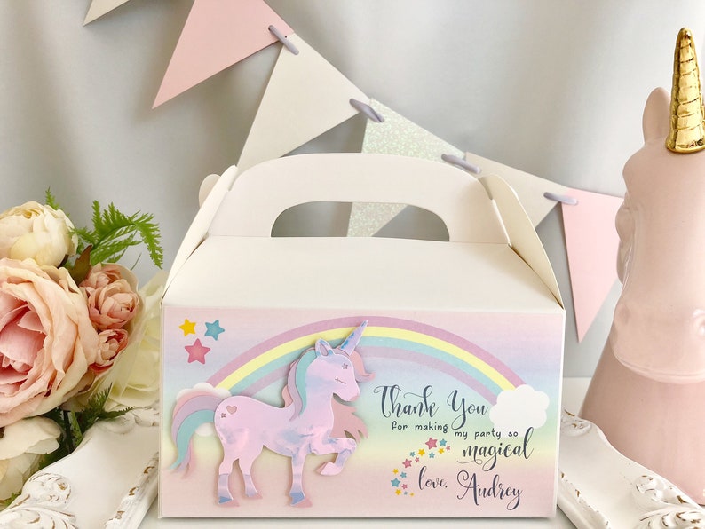 Personalized Holographic/Iridescent Unicorn Favors, Unicorn Gable Boxes, Unicorn Party Favors, Unicorn Birthday Party, Unicorn Theme image 1