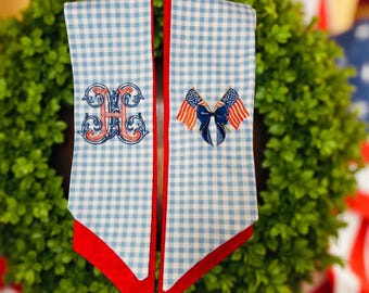 Patriotic Summer Wreath Sash, Blue Gingham & Summer Sashes - 4th of July Memorial Day Decoration