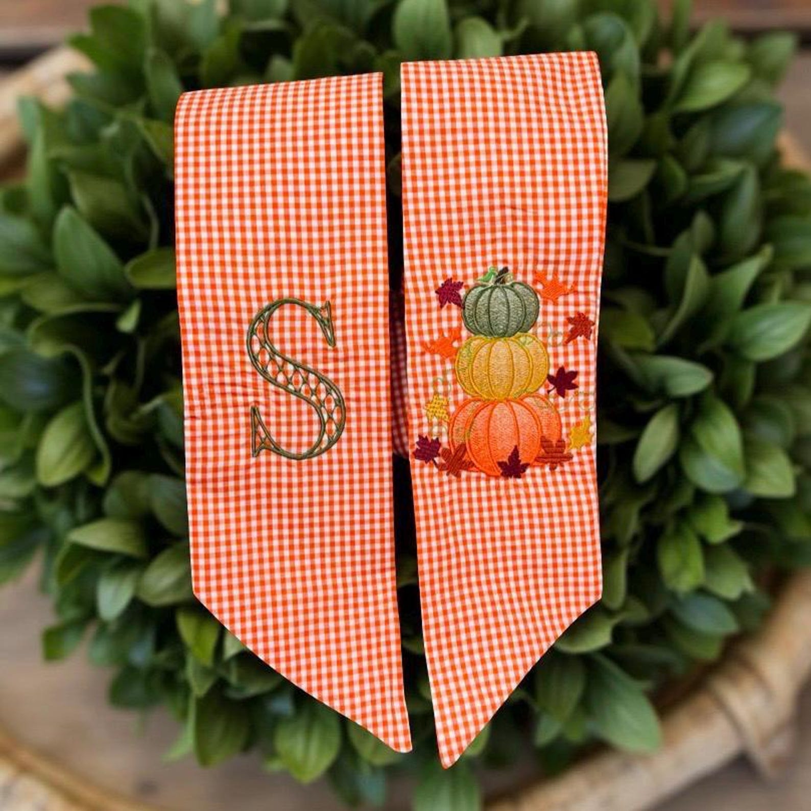 Personalized Fall Pumpkin Wreath Sash: Orange Gingham Monogram