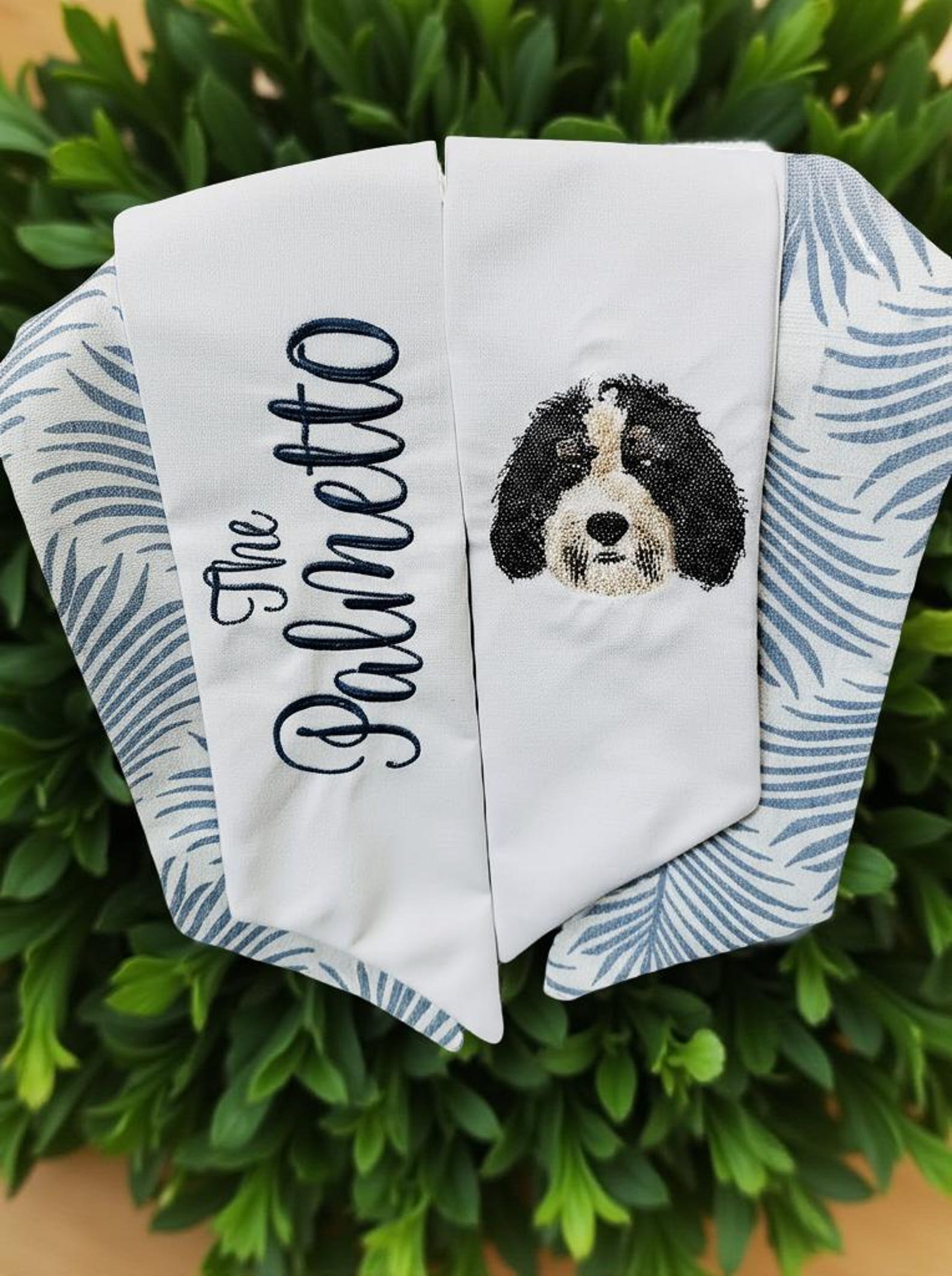 Custom Pet Wreath Sash with optional Palmetto sash - Monogrammed White