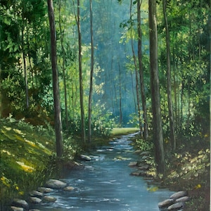 Stream In Forest Oil Painting Original Artwork On Canvas Large Painting Green Forest Trees Creek In Wood Summer Nature Artwork 34" x 24"