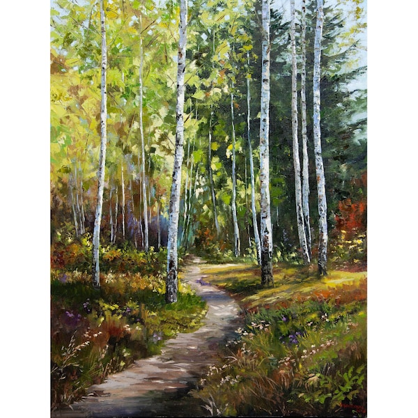 Otoño bosque pintura al óleo arte original sobre lienzo gran paisaje de otoño Aspen árboles abedules y pinos gran arte de la pared 34 x 26