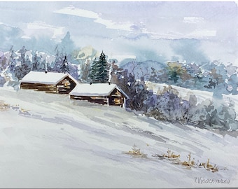 冬の山の風景、雪に覆われた丘のオリジナルの水彩画、雪景色、アルプス