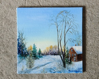 Rustic Winter Landscape Oil Painting, Snowy Cabin Artwork (6x6)
