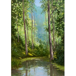 Original Lake in Forest Oil Painting Green Landscape Art 34&quot; x 24&quot;