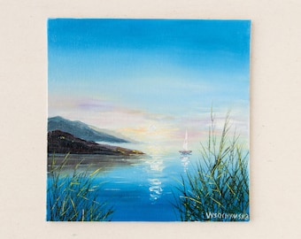 Paysage marin peinture à l'huile coucher de soleil mer art original matin paysage peinture bateau à voile petite peinture Miniature 6 "x 6" oeuvre