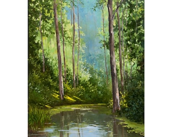 森の小川の油絵 川の風景 リネンキャンバス 16x20インチ - Etsy 日本