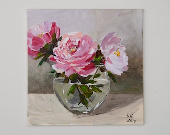 Original Pink Peonies Oil Painting: Floral Still Life Art (8x8)