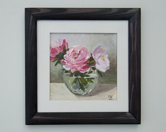 絵画 油絵　牡丹 オリジナルピンクの牡丹の油絵：花の静物画（8x8） - Etsy 日本