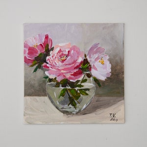 Flowers Painting Original Art Small Bouquet Flower Still life Floral Oil Painting On Canvas Rose Pink Peonies Little Art