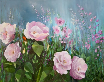 Große Blumen Ölgemälde Original Kunst Große Florale Malerei Rosa Lila Pfingstrosen Und Rosen Botanischer Garten Blumenlandschaft Auf Leinwand 30 x 40