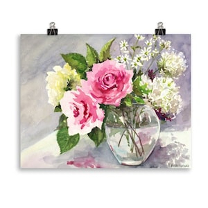 Floral Acuarela Pintura Impresión Flor Bodegón Rosa Rosa Rosa Rosa Blanco Imprimir Giclee Fine Art Poster