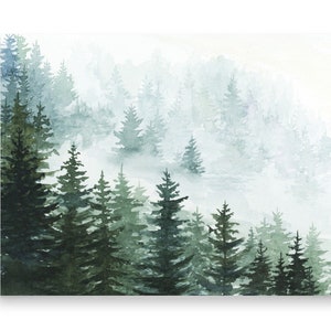 Forest Watercolor Painting Print Foggy Pine Trees Painting Poster Dark Green Trees Nature Landscape Print Misty Mountains Art