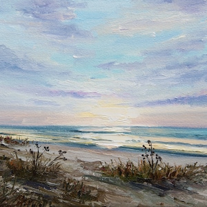 Original Seascape Oil Painting: Sunrise Beach Dunes Art, 8x10in