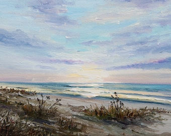 Ocean Painting Seascape Original Art On Canvas Sunrise Seashore Coast Sand Beach Dunes Small Artwork 8 x 10in Gift Idea