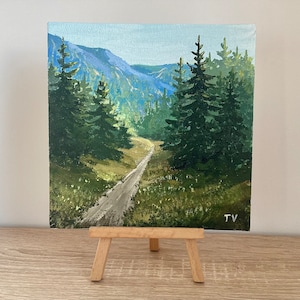 Original Forest Landscape Acrylic Painting: Green Pine Trees, Mountain Art (6x6)