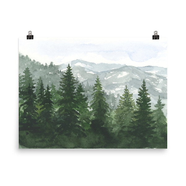 Pine Forest Watercolor Painting Print Pine Trees Poster Foggy Mountains Print Nature Landscape Wall Art Poster