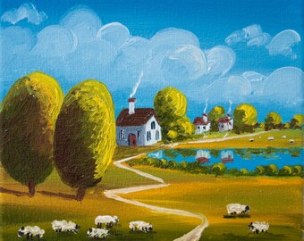 素朴な田舎の風景油絵：夏の田園風景、アートワーク8x8 - Etsy 日本